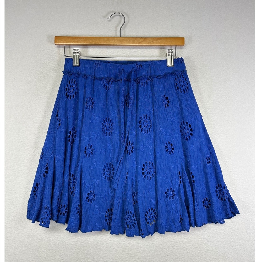 Boho Cottagecore Rewind Womens Small Blue Eyelet Floral Crinkle Rayon Mini Skirt